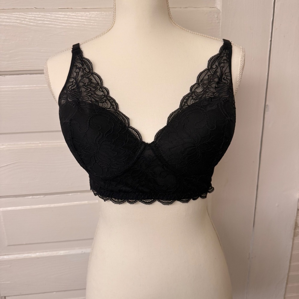 Maidenform DM1188 Black Lace Longline Bralette Bra 38C Floral Mesh Back